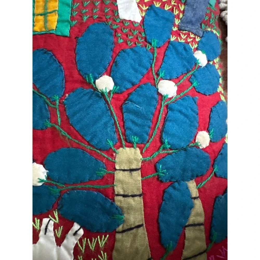 Vintage Handmade Folk Art Embroidered Appliqué Village Scene Throw Pillow Blue